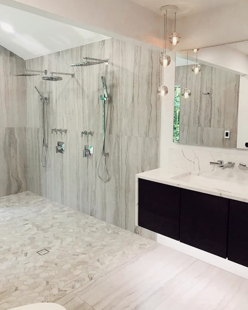 Mid-sized minimalist master beige floor and single-sink bathroom photo in Chicago with flat-panel cabinets, brown cabinets, a bidet, quartz countertops, white countertops and a floating vanity