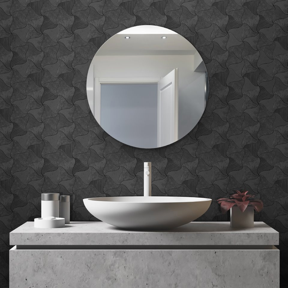 Ispirazione per una stanza da bagno minimalista di medie dimensioni con piastrelle grigie, piastrelle di marmo, pareti grigie, lavabo a bacinella e mobile bagno sospeso