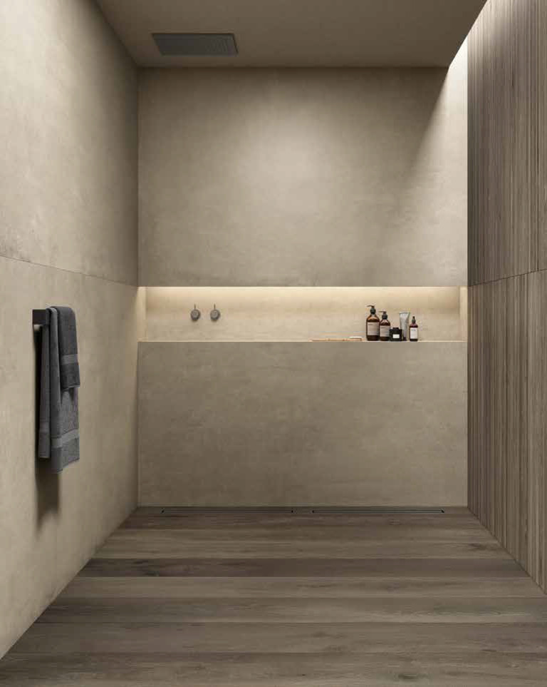 Diseño de cuarto de baño minimalista grande con ducha abierta, baldosas y/o azulejos grises, baldosas y/o azulejos de porcelana, paredes grises, suelo de baldosas de porcelana y suelo gris