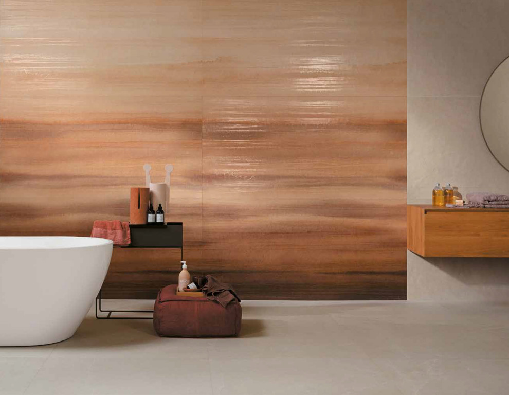 Idee per una grande stanza da bagno padronale minimalista con vasca freestanding, piastrelle beige, piastrelle in gres porcellanato, pareti bianche e pavimento bianco