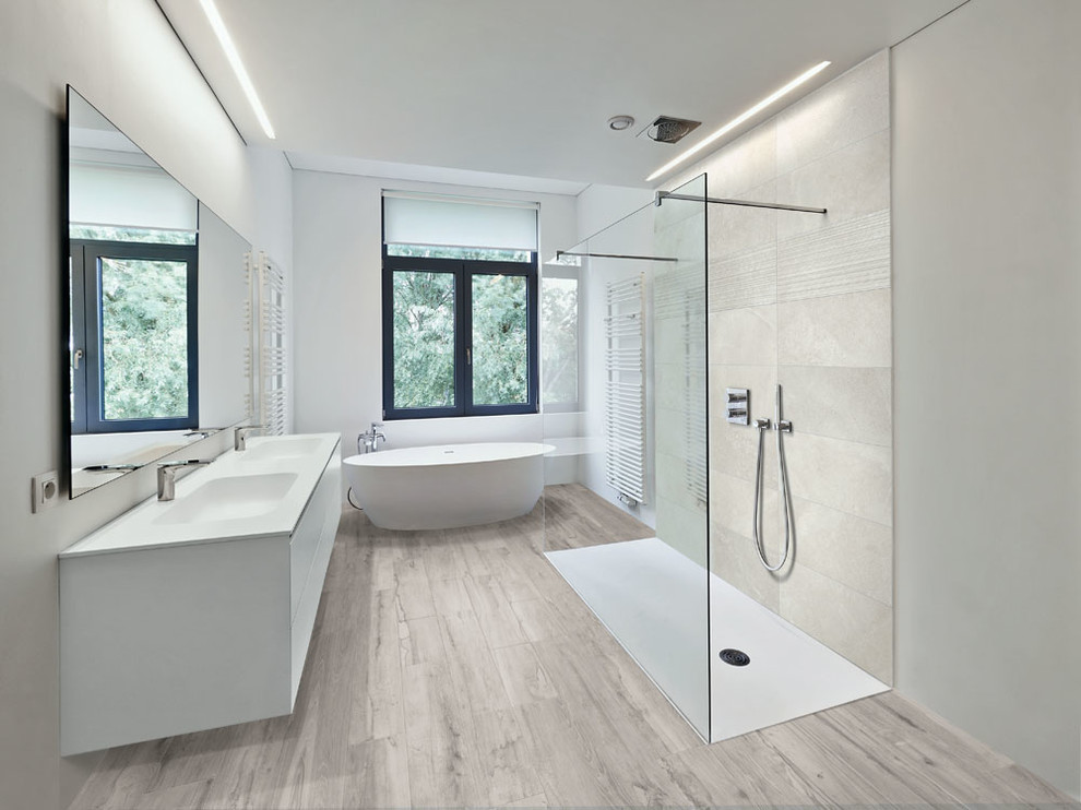 Large minimalist master gray tile and porcelain tile porcelain tile and gray floor bathroom photo in Miami with flat-panel cabinets, white cabinets and white walls