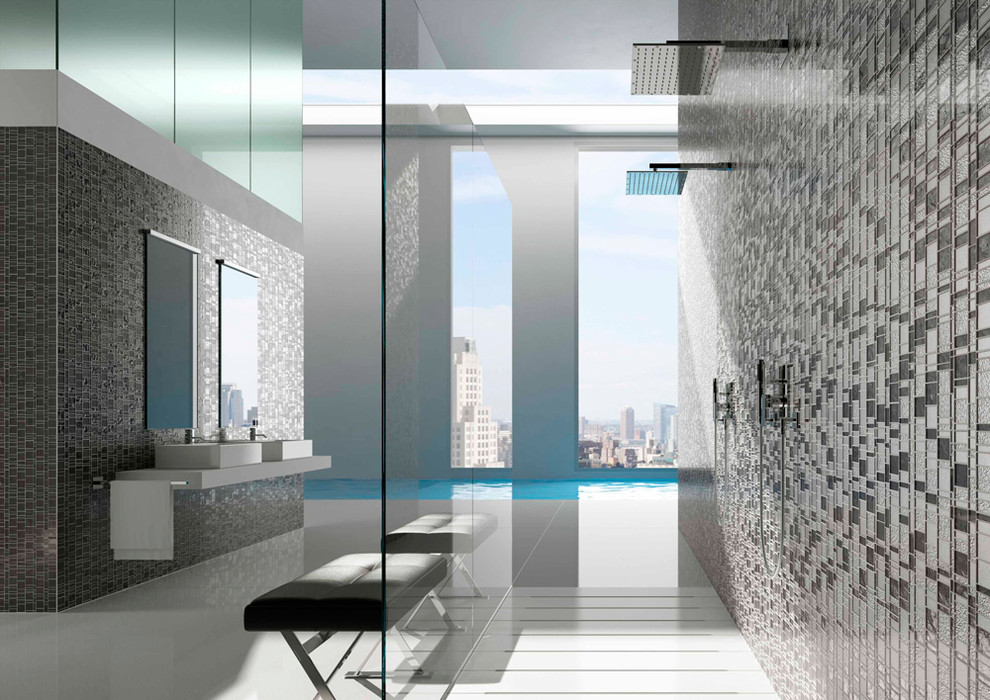 Immagine di un'ampia stanza da bagno padronale minimalista con lavabo a bacinella, piastrelle grigie, piastrelle di vetro, pareti grigie e doccia doppia