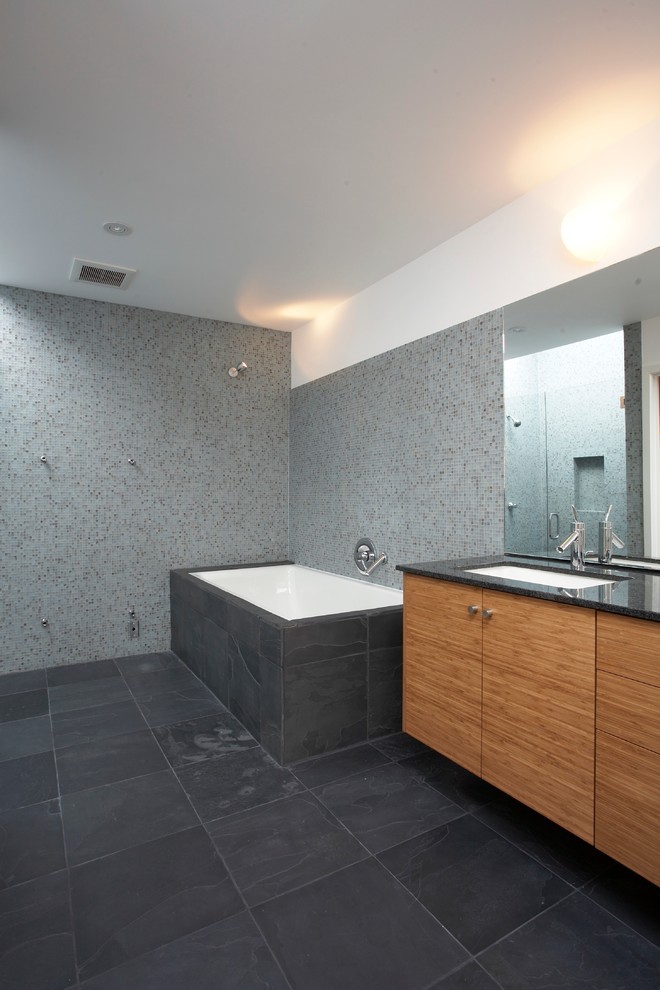 Diseño de cuarto de baño rectangular moderno con lavabo bajoencimera, armarios con paneles lisos, baldosas y/o azulejos grises, baldosas y/o azulejos en mosaico y encimeras negras