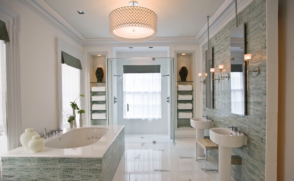 Inspiration for a contemporary bathroom in Orange County with a pedestal sink, open cabinets, a submerged bath and a double shower.