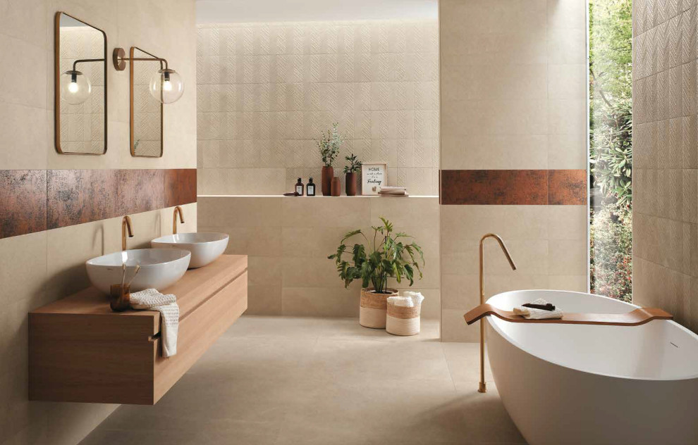 Modern beige bathroom with textured wall tiles - Modern - Bathroom - Miami  - by Simple Steps | Houzz