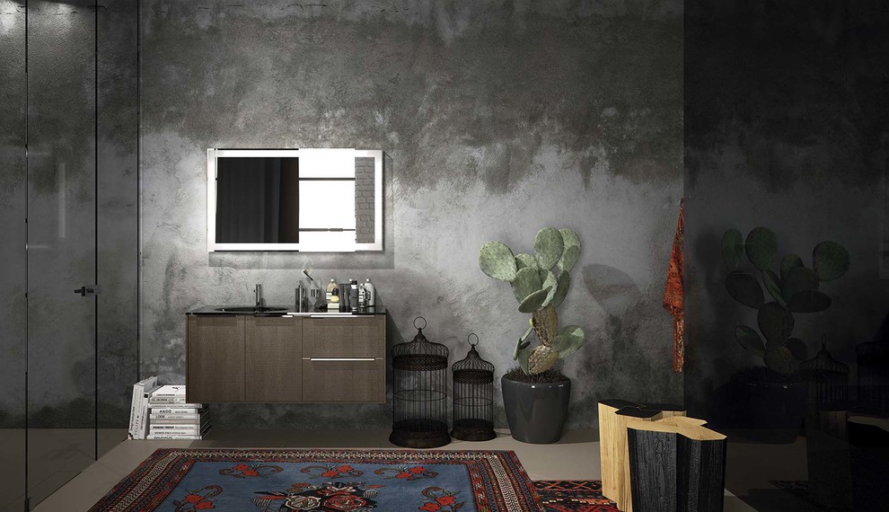 Inspiration för mellanstora moderna en-suite badrum, med ett väggmonterat handfat, släta luckor, skåp i mörkt trä, en öppen dusch, beige kakel och grå väggar