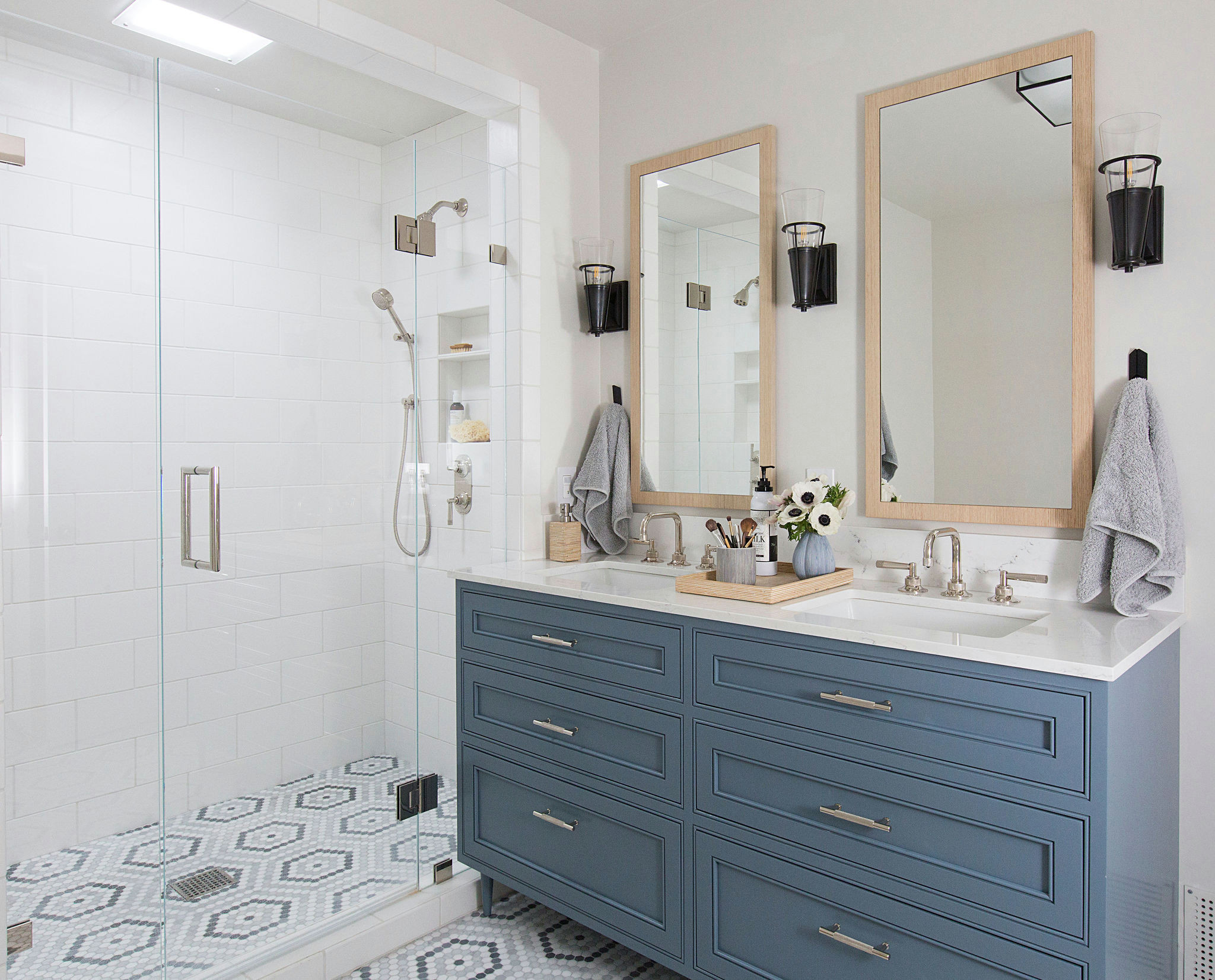 Blue Grey Bathroom Vanity With Patterned Tile