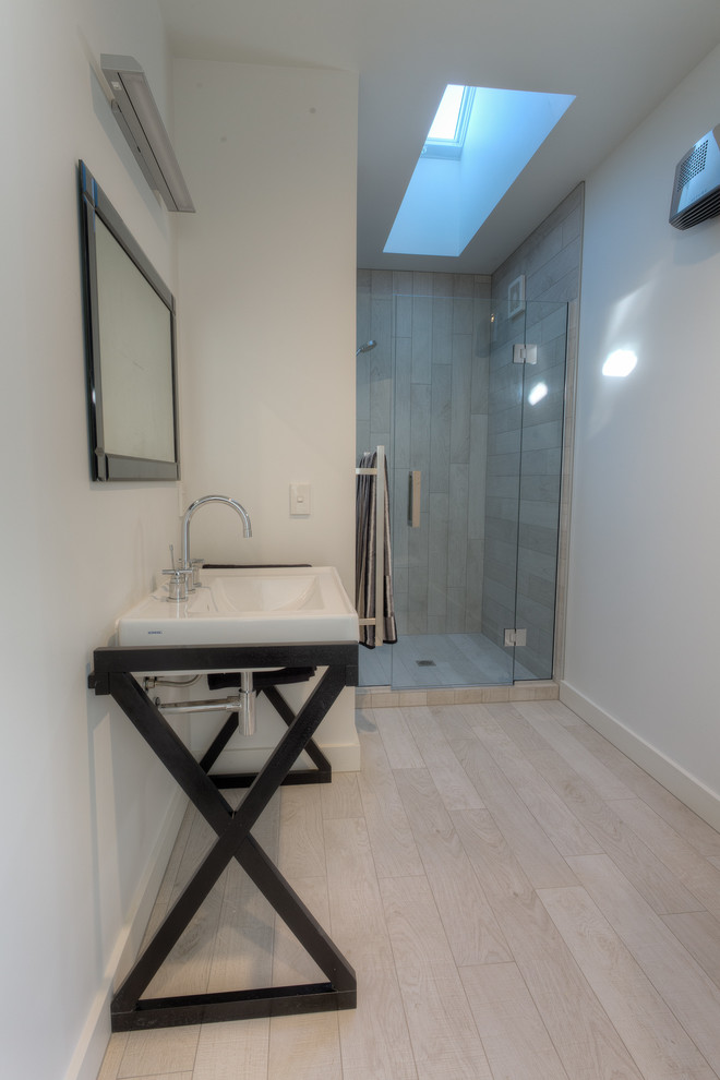 Diseño de cuarto de baño infantil moderno con ducha empotrada, baldosas y/o azulejos de porcelana, paredes blancas, suelo de baldosas de porcelana y ducha con puerta con bisagras