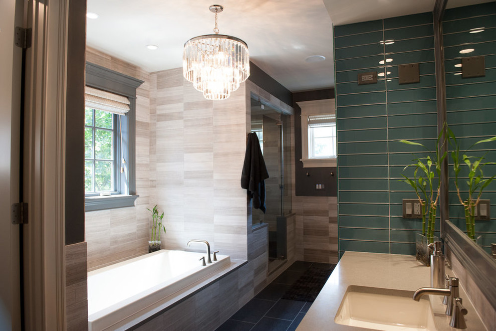 Mid-sized asian master gray tile and porcelain tile porcelain tile and gray floor bathroom photo in Chicago with gray walls, an undermount sink, quartz countertops and a hinged shower door