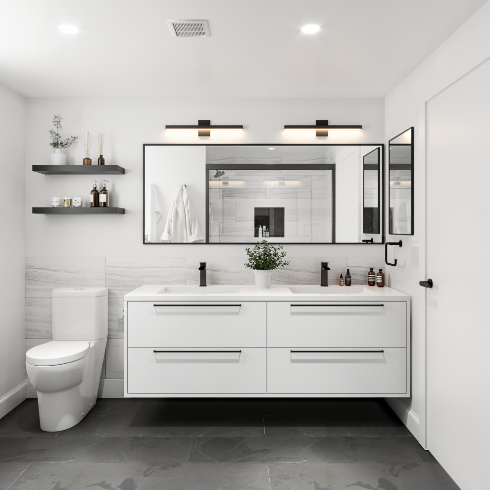 Minimalist gray floor and double-sink bathroom photo in San Francisco with flat-panel cabinets, white cabinets, white walls, an undermount sink, white countertops and a floating vanity