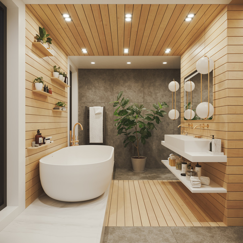 This is an example of a large modern bathroom in Other with a freestanding bath, a wall mounted toilet, grey tiles, slate tiles, white walls, slate flooring, a trough sink, engineered stone worktops, grey floors, an open shower and white worktops.
