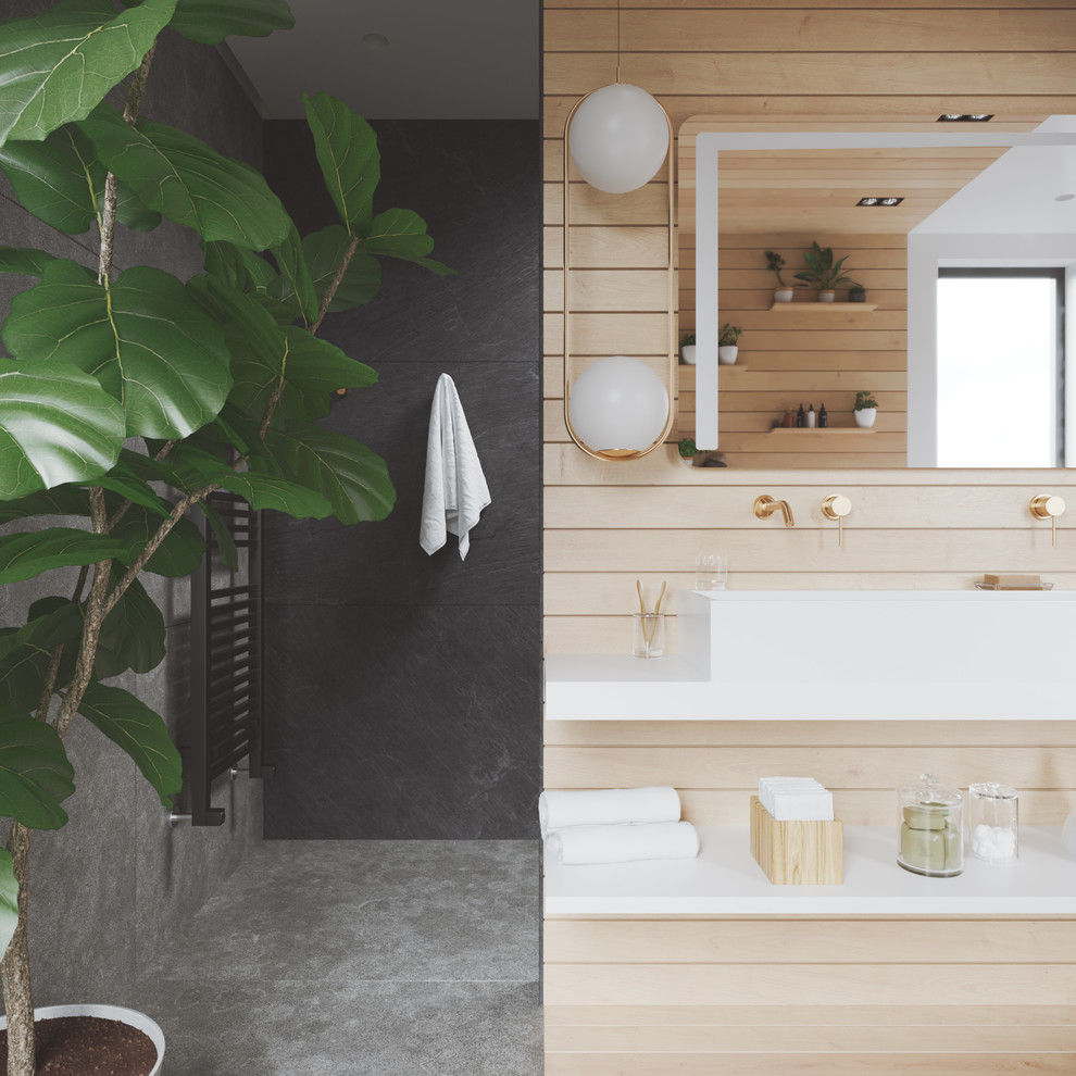 Inspiration for a large modern bathroom in Other with a wall mounted toilet, grey tiles, slate tiles, white walls, slate flooring, a trough sink, engineered stone worktops, grey floors, an open shower and white worktops.