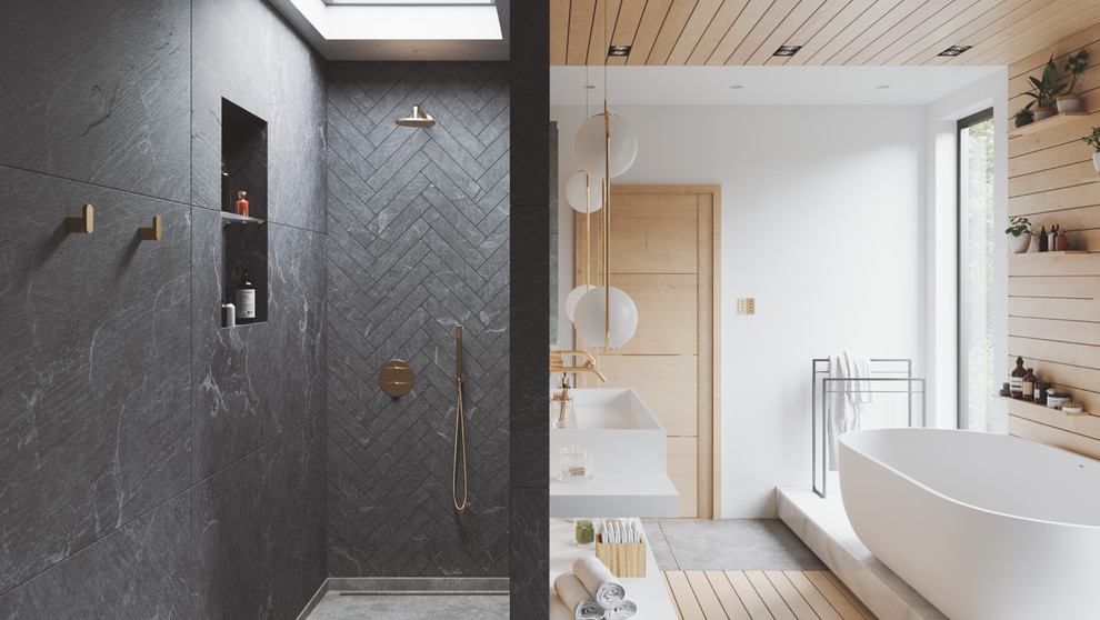 Idéer för stora funkis vitt en-suite badrum, med ett fristående badkar, vita väggar, ett avlångt handfat, grått golv, med dusch som är öppen, våtrum, en vägghängd toalettstol, grå kakel, skifferkakel och bänkskiva i kvarts