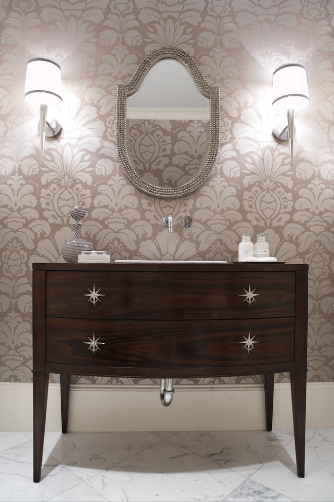 Transitional marble floor bathroom photo in Seattle with furniture-like cabinets, multicolored walls, a drop-in sink, dark wood cabinets, wood countertops and brown countertops