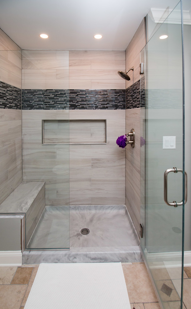 Design ideas for a medium sized modern shower room bathroom in Boston with an alcove shower, a two-piece toilet, brown tiles, porcelain tiles, grey walls, porcelain flooring, a pedestal sink, brown floors and a hinged door.