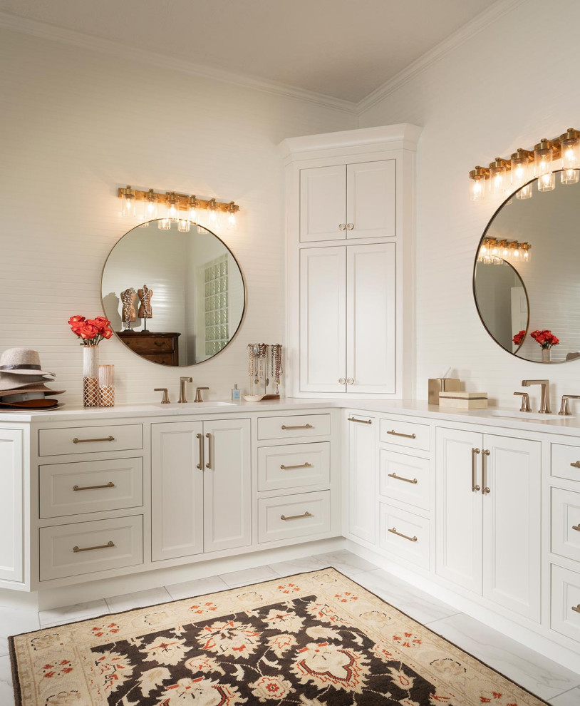 Bathroom - large traditional master double-sink and shiplap wall bathroom idea in Other with quartz countertops and a built-in vanity