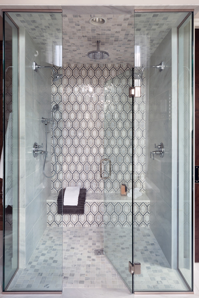 Example of a large eclectic master multicolored tile and marble tile marble floor bathroom design in Minneapolis