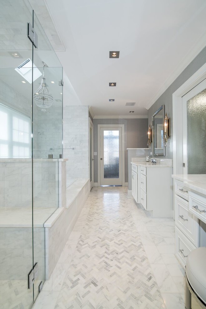 Bathroom - modern master white tile marble floor bathroom idea in New York with gray walls and marble countertops