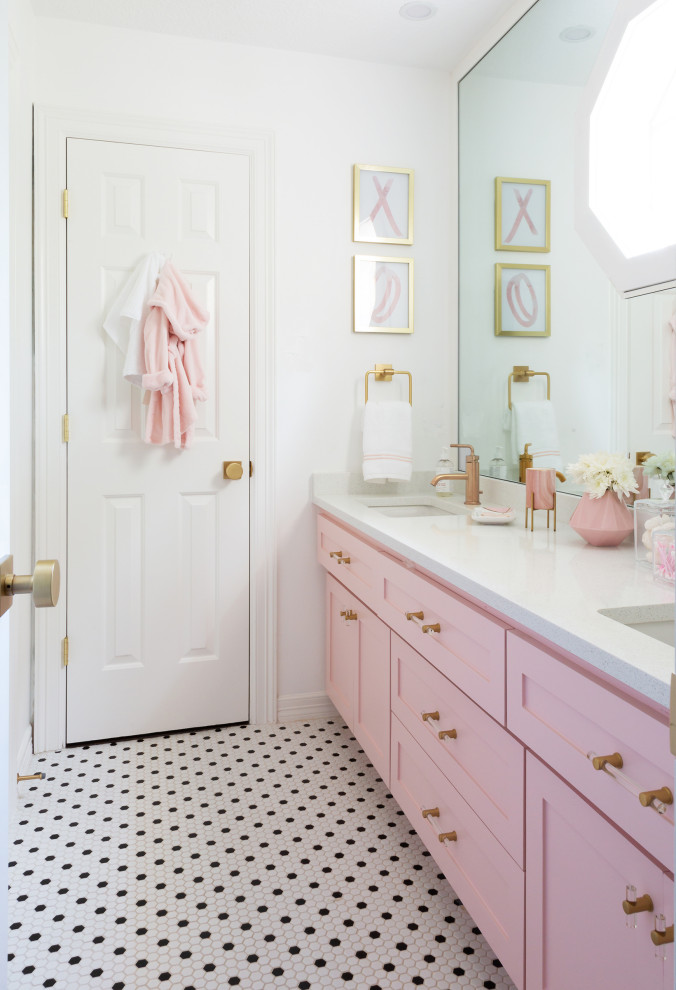 Huge transitional kids' white tile porcelain tile, white floor and double-sink bathroom photo in Houston with recessed-panel cabinets, white walls, a drop-in sink, quartz countertops and white countertops