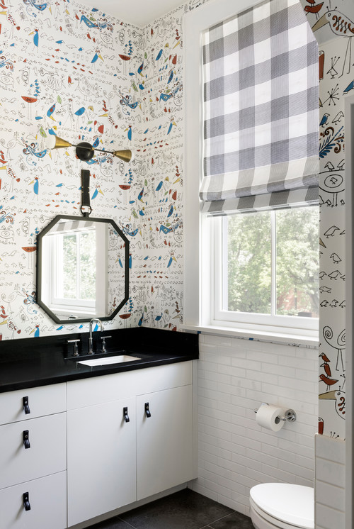 Vibrant Contrasts: White Vanity with Black Countertop and Colorful Bathroom Wallpaper Ideas