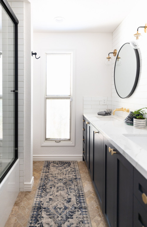 mid-sized farmhouse ¾ white tile and subway tile brown floor, double-sink and travertine floor bathroom design in Phoenix with shaker cabinets, white walls, an undermount sink, white countertops, a built-in vanity, blue cabinets, a one-piece toilet and quartz countertops