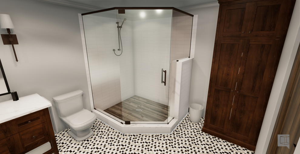 Bild på ett lantligt brun brunt en-suite badrum, med möbel-liknande, skåp i slitet trä, ett fristående badkar, en hörndusch, vit kakel, tunnelbanekakel, vita väggar, ett undermonterad handfat, marmorbänkskiva och dusch med gångjärnsdörr