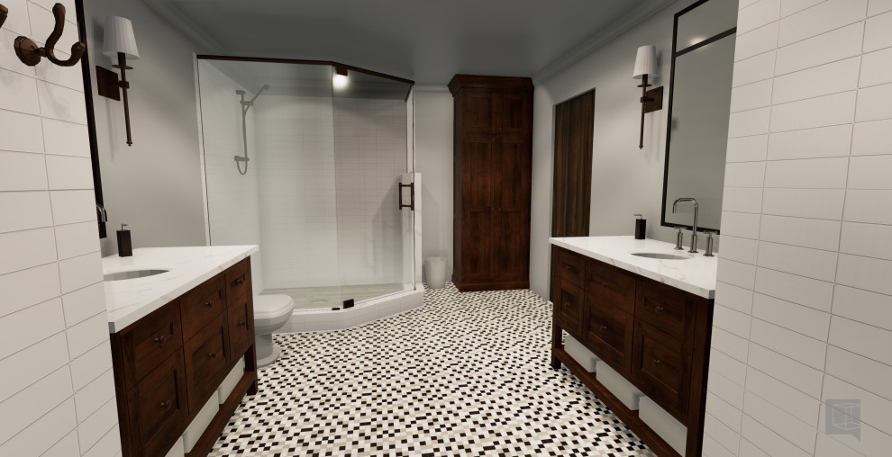 Foto på ett lantligt brun en-suite badrum, med möbel-liknande, skåp i slitet trä, ett fristående badkar, en hörndusch, vit kakel, tunnelbanekakel, vita väggar, ett undermonterad handfat, marmorbänkskiva och dusch med gångjärnsdörr