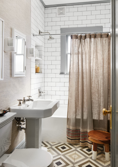 Modern Farmhouse Chic: Oxford Pattern Floor Tile and Trendy Bathroom Curtain Ideas