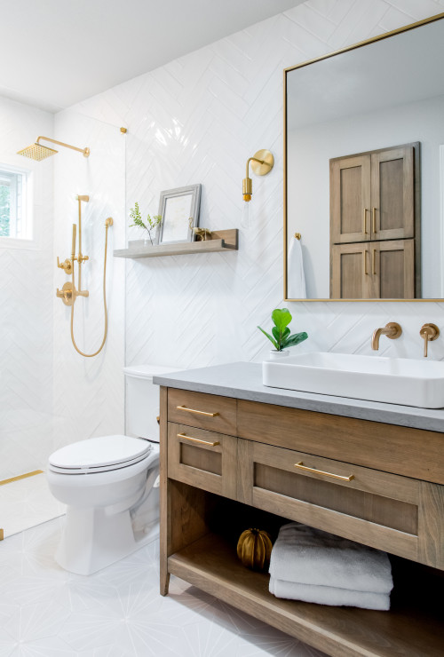 Transitional Timber: Bathroom Ideas Featuring a Stylish Vanity and Shelf Ensemble