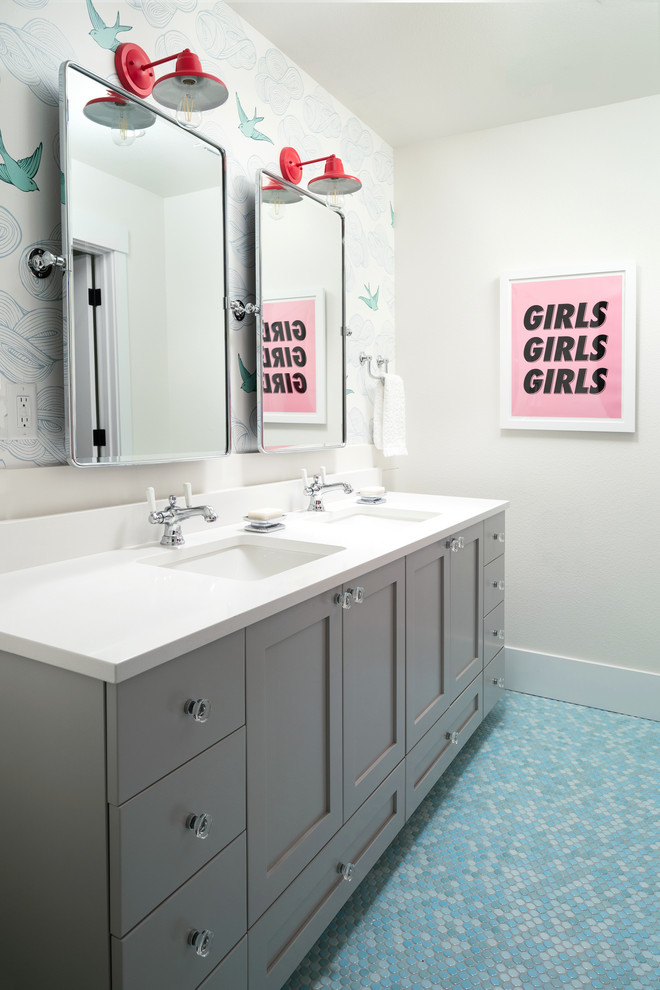 Example of a cottage kids' ceramic tile mosaic tile floor and blue floor bathroom design in Denver with shaker cabinets, gray cabinets, white walls, an undermount sink, quartz countertops, a hinged shower door and white countertops