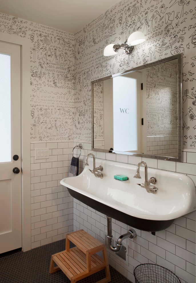 Bathroom - country kids' white tile and subway tile bathroom idea in San Francisco with a trough sink and multicolored walls
