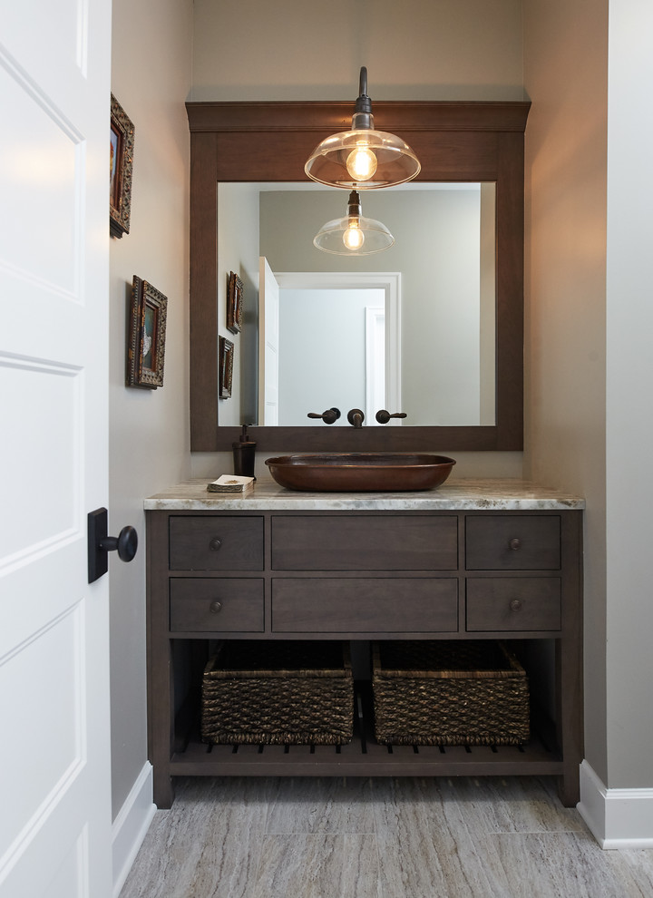 This is an example of a medium sized country shower room bathroom in Grand Rapids with freestanding cabinets, medium wood cabinets, grey walls, a vessel sink and quartz worktops.