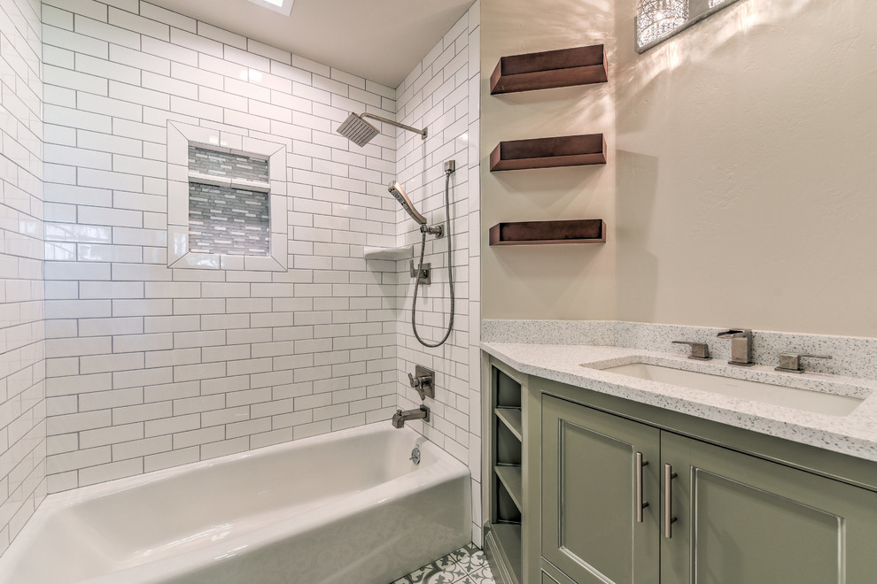 Inspiration for a mid-sized cottage master white tile and subway tile mosaic tile floor and white floor bathroom remodel in Oklahoma City with shaker cabinets, green cabinets, beige walls, an undermount sink and solid surface countertops