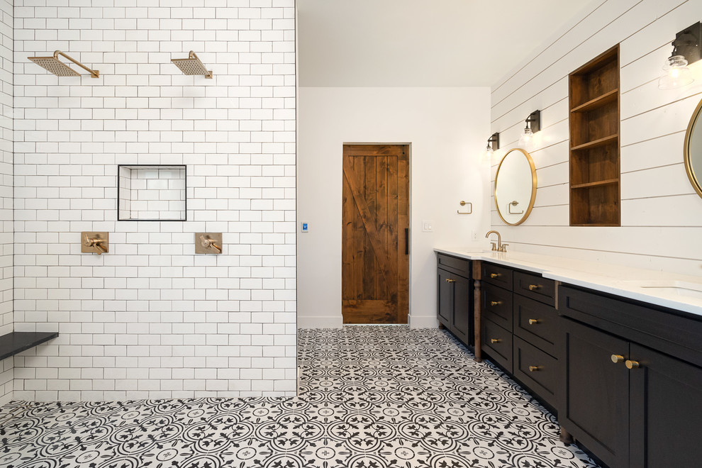 Bathroom - large farmhouse master white tile and ceramic tile cement tile floor and multicolored floor bathroom idea in Denver with shaker cabinets, black cabinets, a two-piece toilet, white walls, an undermount sink, quartz countertops and white countertops