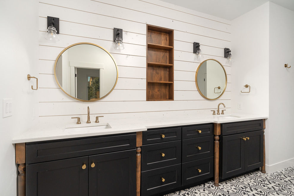 Large farmhouse master white tile and ceramic tile cement tile floor and multicolored floor bathroom photo in Denver with shaker cabinets, black cabinets, a two-piece toilet, white walls, an undermount sink, quartz countertops and white countertops