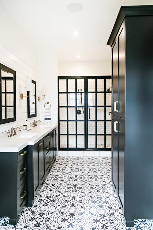 farmhouse master multicolored floor bathroom remodel in Salt Lake City with shaker cabinets, black cabinets, white walls and an undermount sink 