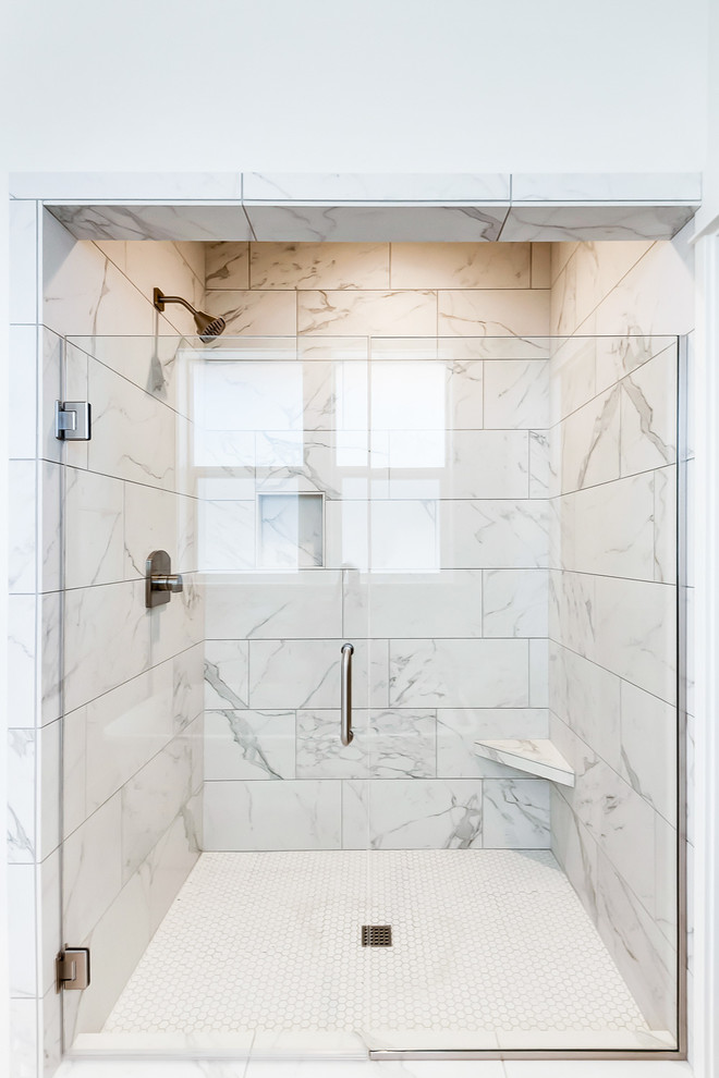 Design ideas for a medium sized classic ensuite bathroom in Portland with shaker cabinets, a freestanding bath, an alcove shower, a two-piece toilet, white tiles, porcelain tiles, white walls, marble flooring, a submerged sink and marble worktops.