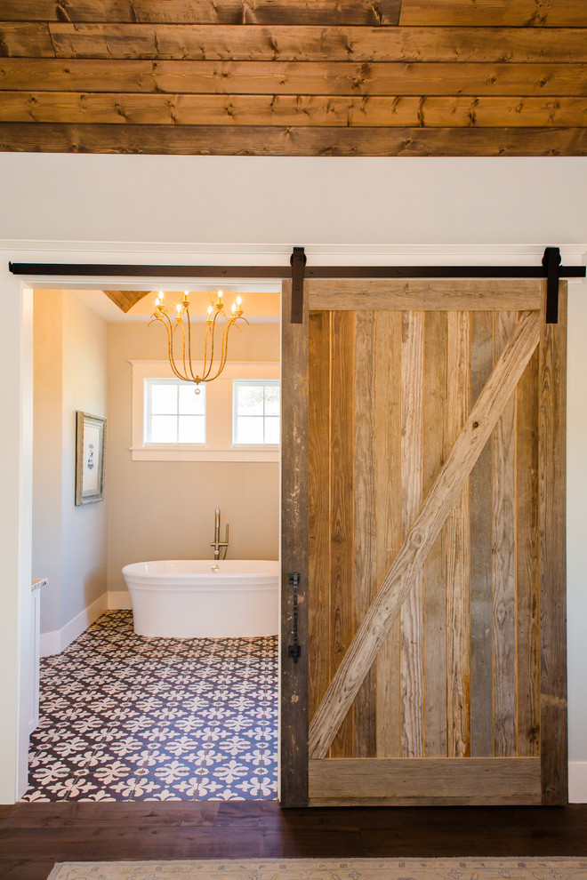 Bathroom - mid-sized farmhouse master mosaic tile floor and multicolored floor bathroom idea in Portland with shaker cabinets, white cabinets, quartz countertops, multicolored countertops, a hinged shower door, gray walls and an undermount sink