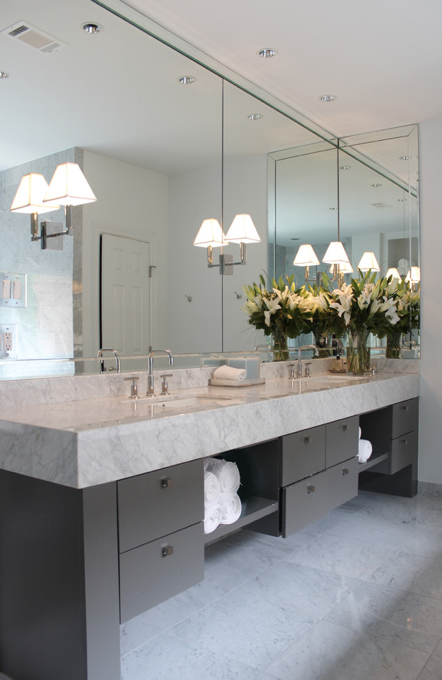 Example of a trendy bathroom design in Houston with an undermount sink, flat-panel cabinets, gray cabinets and white walls