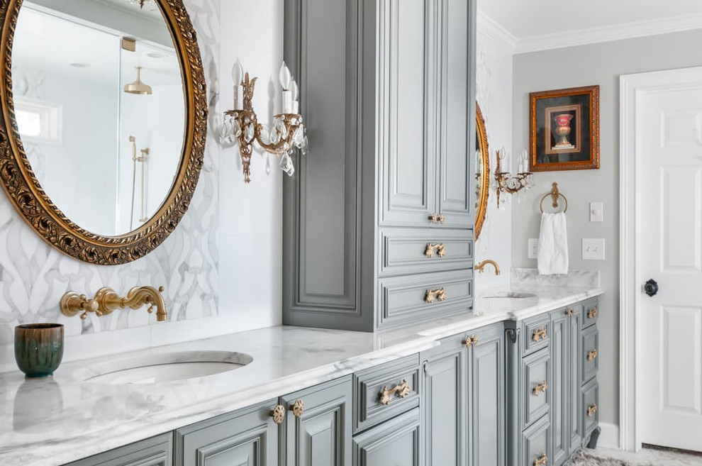 Inspiration for a large french country ceramic tile and gray floor bathroom remodel in Atlanta with gray walls