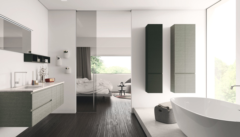 Modern grey and black bathroom with dark wood floors - Modern ...