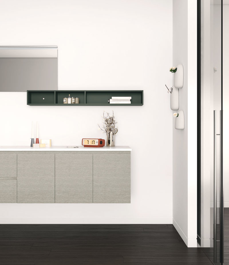 Modern grey and black bathroom with dark wood floors Modern