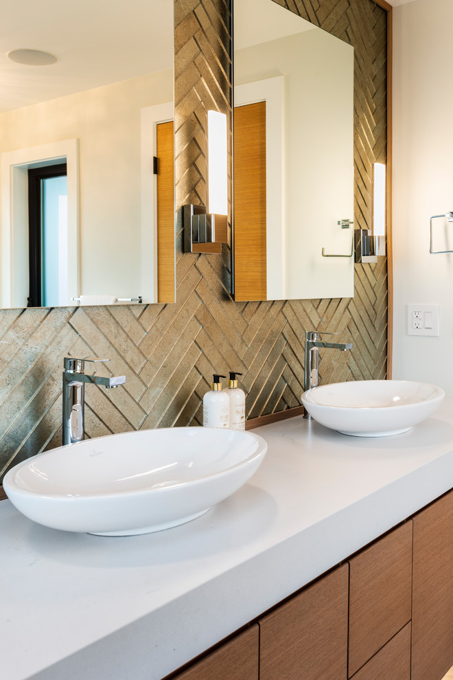 Example of a large trendy master white tile and ceramic tile porcelain tile and gray floor bathroom design in Vancouver with flat-panel cabinets, medium tone wood cabinets, a one-piece toilet, white walls, an undermount sink, quartz countertops, a hinged shower door and white countertops