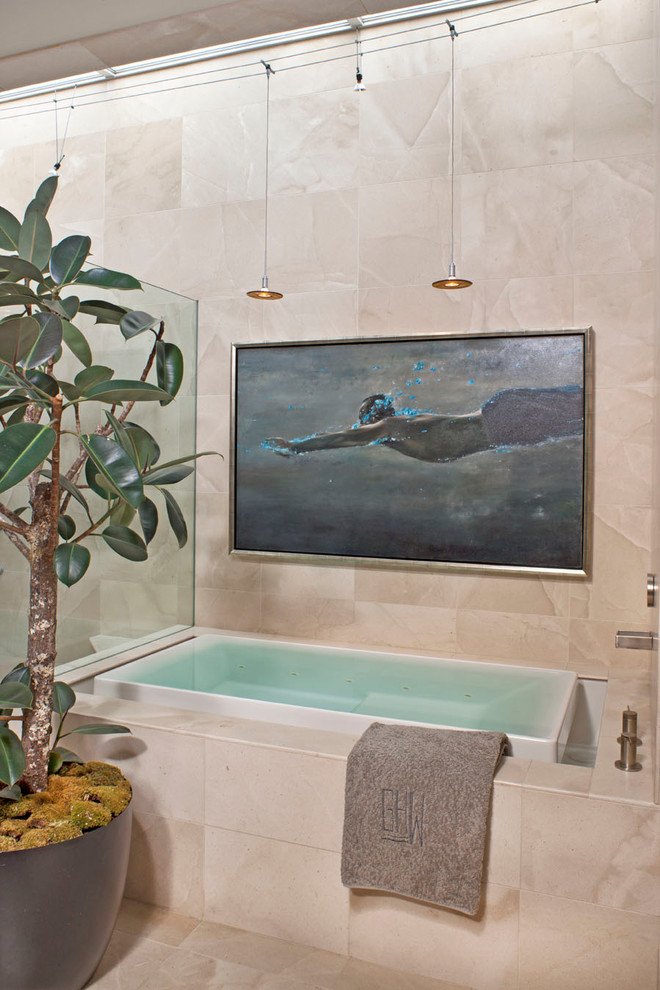 Inspiration for a contemporary beige tile bathroom remodel in Orange County