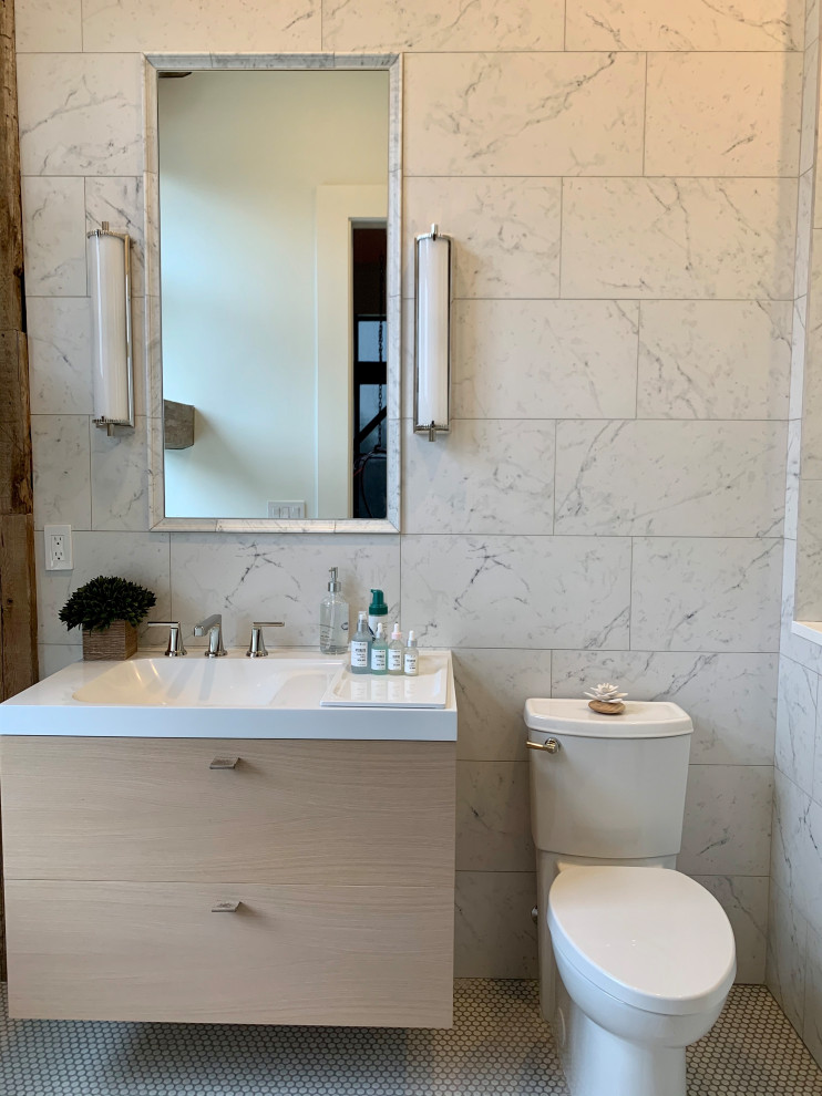 Bathroom - mid-sized modern black tile and porcelain tile porcelain tile, gray floor, single-sink and shiplap wall bathroom idea in Cleveland with open cabinets, black cabinets, a one-piece toilet, white walls, a console sink, marble countertops, white countertops and a freestanding vanity