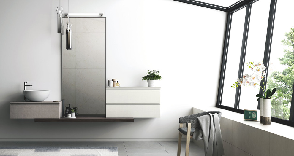 Design ideas for a large modern ensuite bathroom in Miami with flat-panel cabinets, grey cabinets, white walls, a vessel sink, wooden worktops, grey floors and grey worktops.
