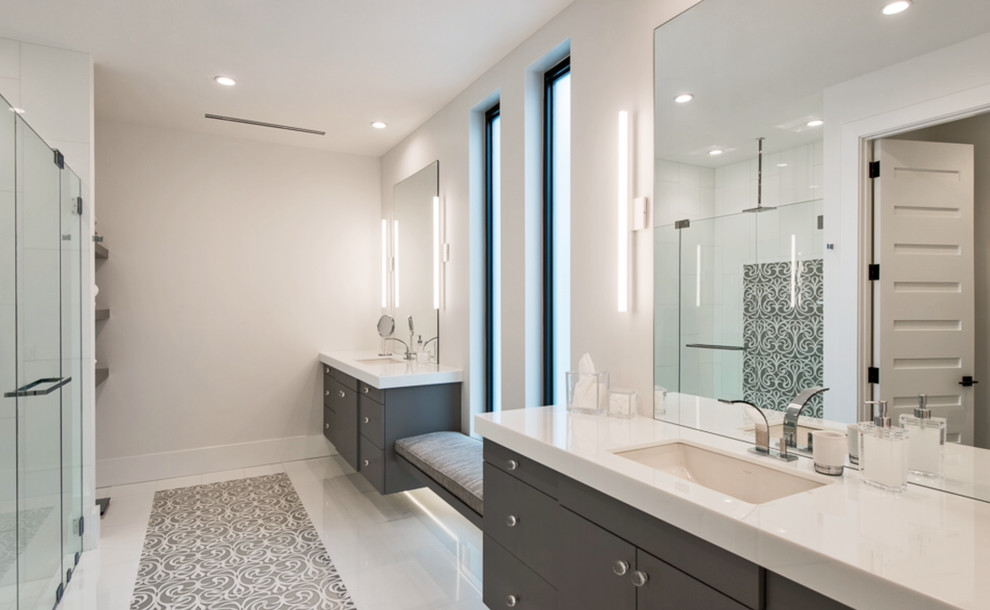 This is an example of a large contemporary ensuite bathroom in Chicago with flat-panel cabinets, dark wood cabinets, a built-in shower and white walls.