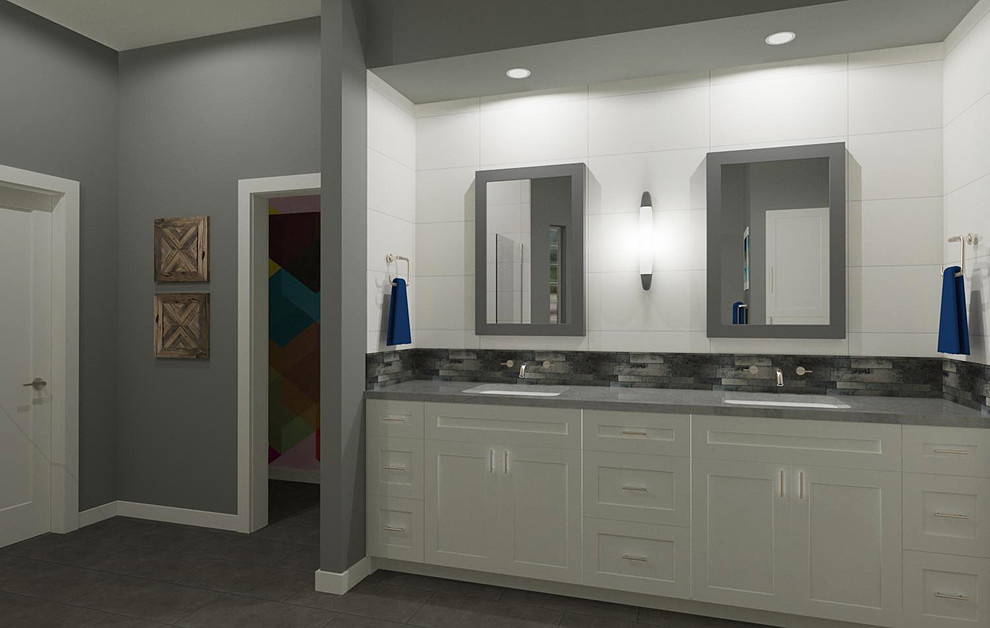 Inspiration för ett mellanstort funkis en-suite badrum, med skåp i shakerstil, vita skåp, ett undermonterat badkar, grå kakel, keramikplattor, grå väggar, klinkergolv i porslin, ett undermonterad handfat, bänkskiva i kvarts, grått golv och med dusch som är öppen