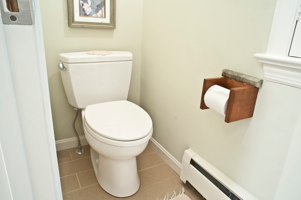 This is an example of a medium sized classic cloakroom in Philadelphia with a submerged sink, shaker cabinets, medium wood cabinets, granite worktops, beige tiles, ceramic tiles, beige walls and ceramic flooring.