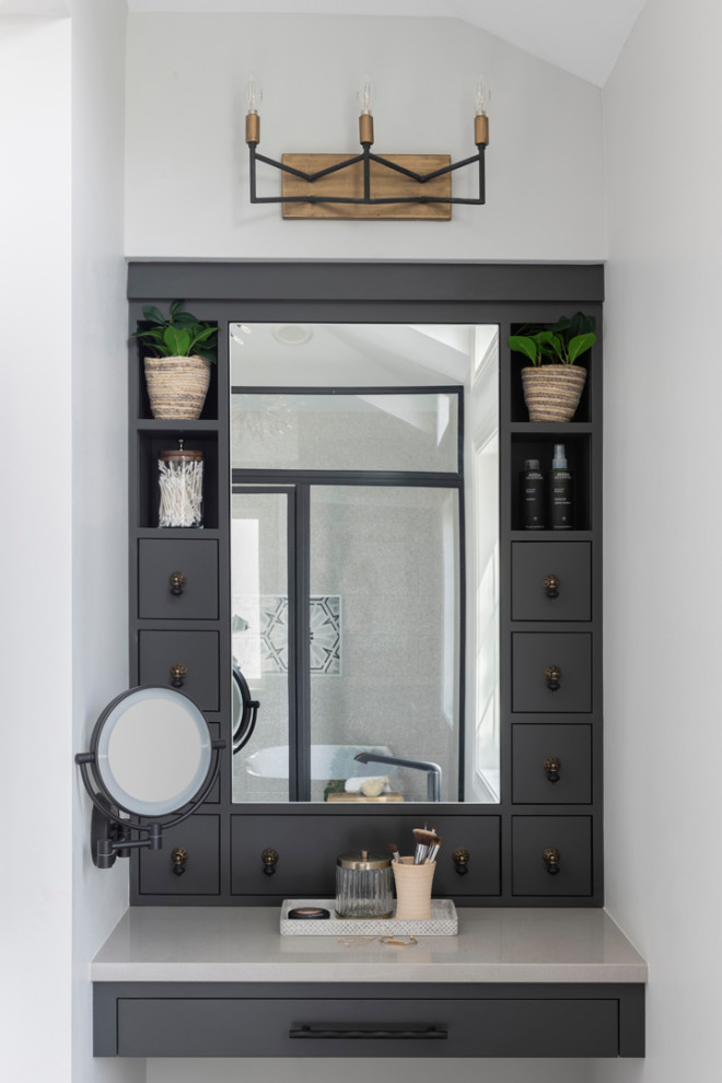 Bathroom - large modern master gray floor, double-sink and vaulted ceiling bathroom idea in Minneapolis with light wood cabinets, beige walls, a trough sink, a hinged shower door, beige countertops and a built-in vanity